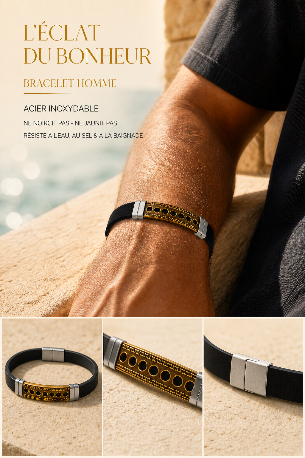 Bracelet Homme Cuir et Acier Inoxydable Réglable