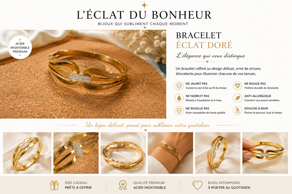 Bracelet femme doré en acier inoxydable avec zircon, élégant et raffiné. Un bijou lumineux et tendance, idéal au quotidien ou à offrir.