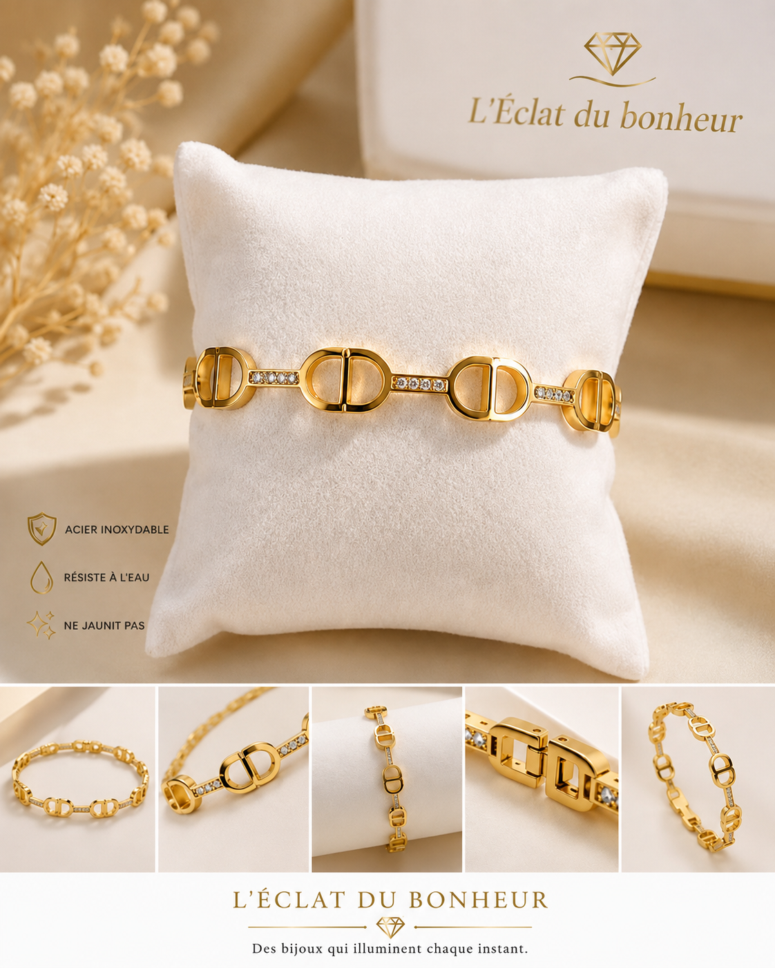 Bracelet femme maillons ronds dorés en acier inoxydable