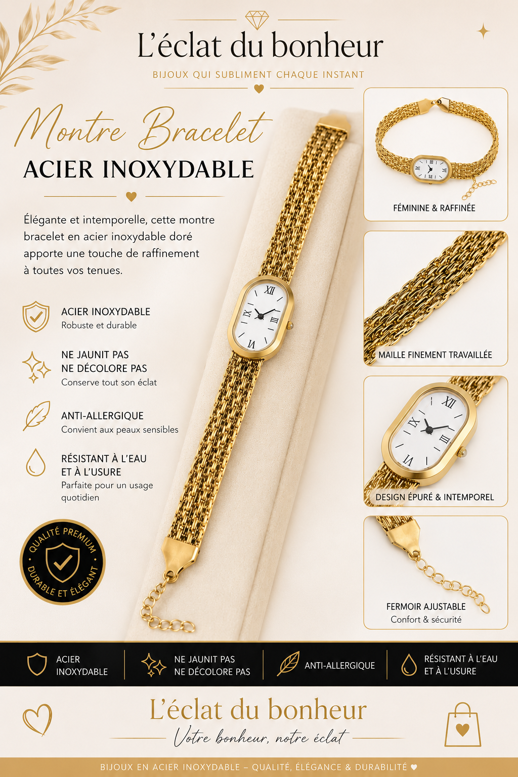 Montre-bracelet femme dorée en acier inoxydable