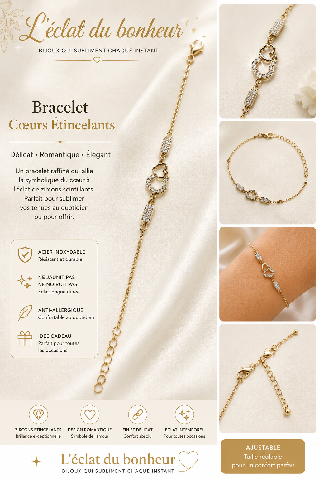 Bracelet femme cœurs scintillants en acier inoxydable