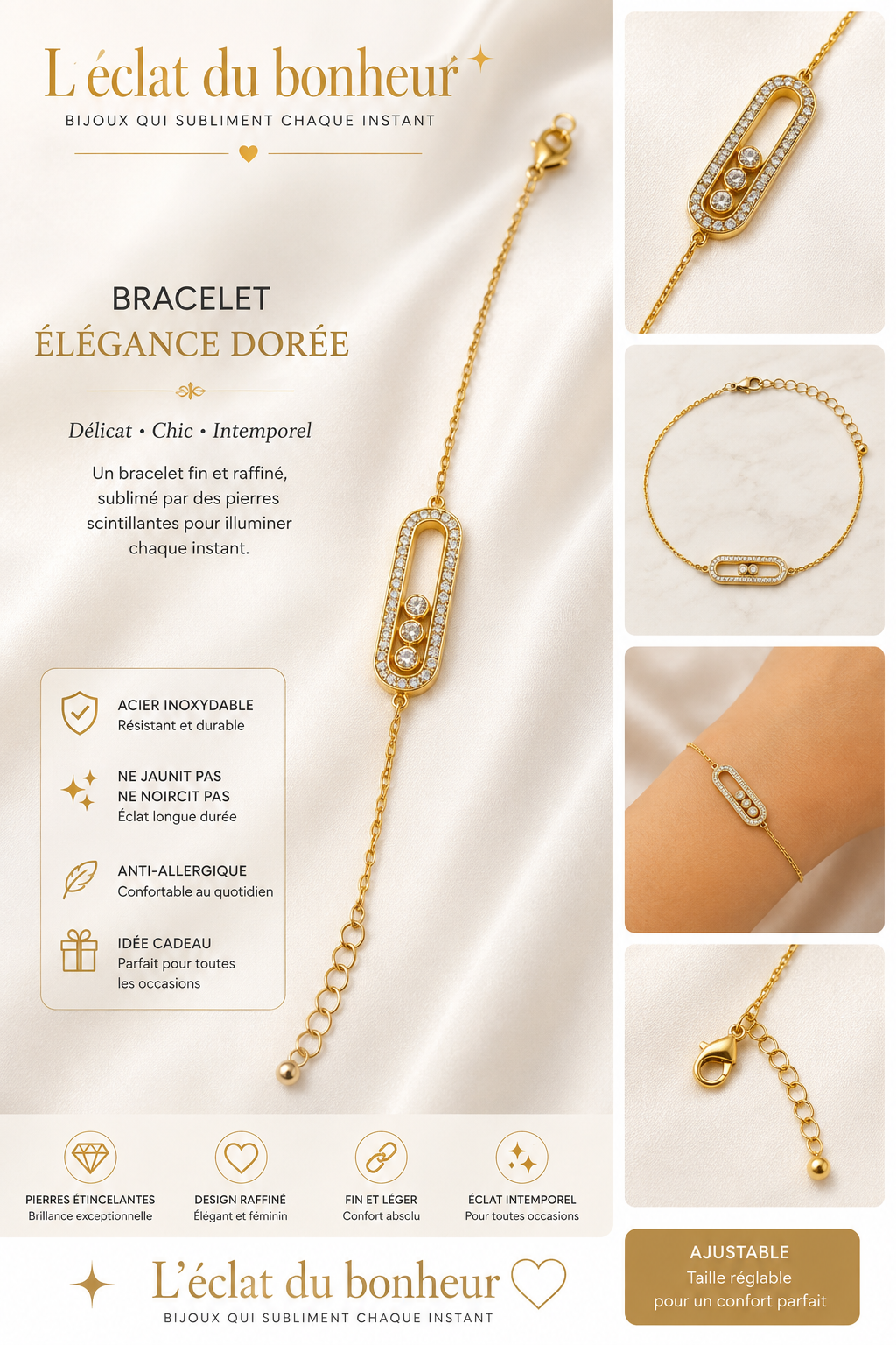 Bracelet femme ovale zircon doré en acier inoxydable