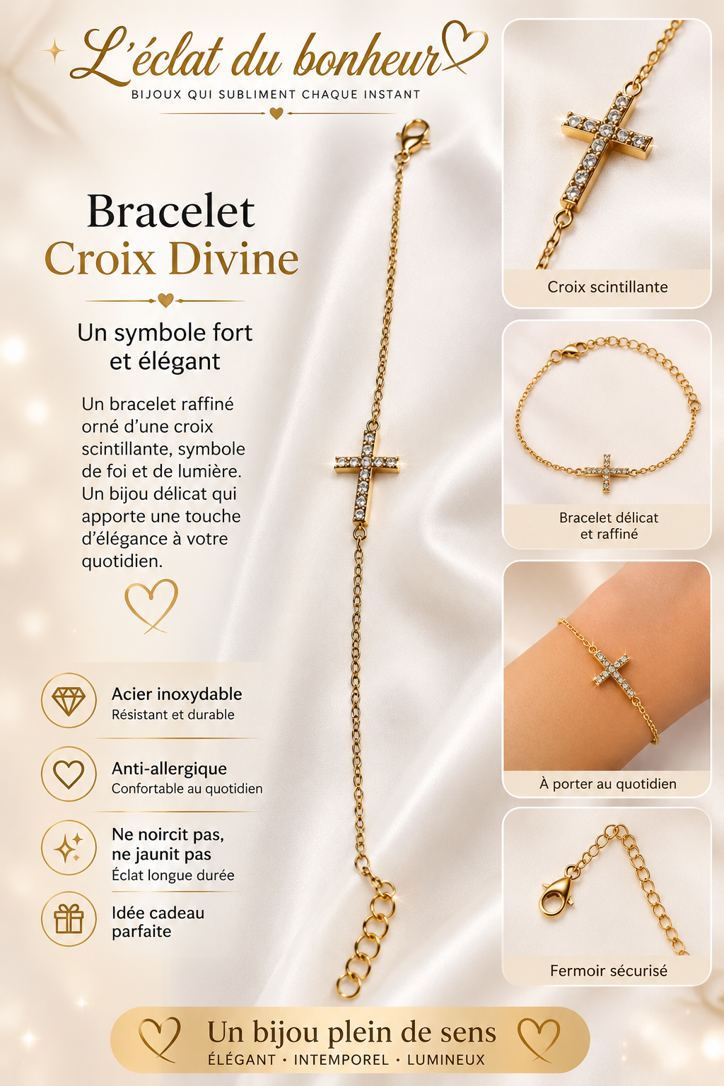 Bracelet femme croix dorée en acier inoxydable