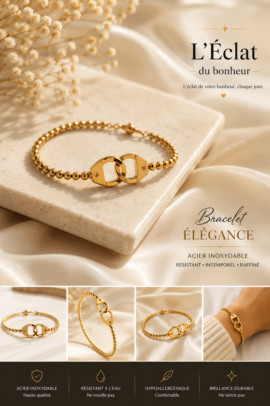 Bracelet femme menottes dorées en acier inoxydable