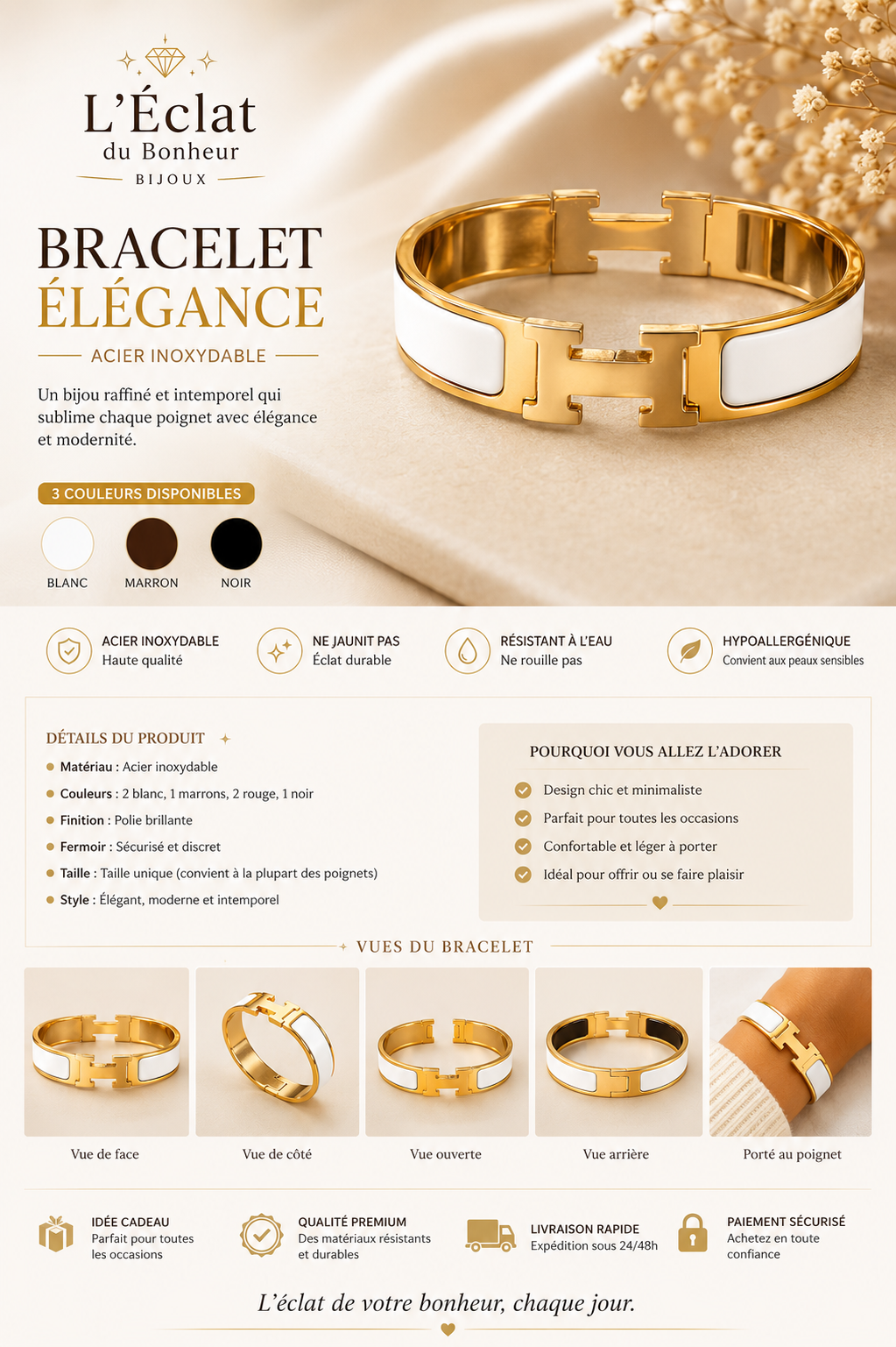 Bracelet femme jonc blanc et doré en acier inoxydable