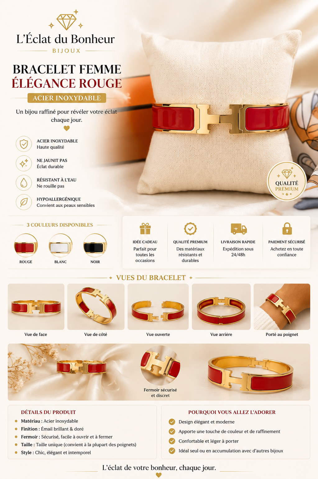Bracelet femme jonc rouge et doré en acier inoxydable