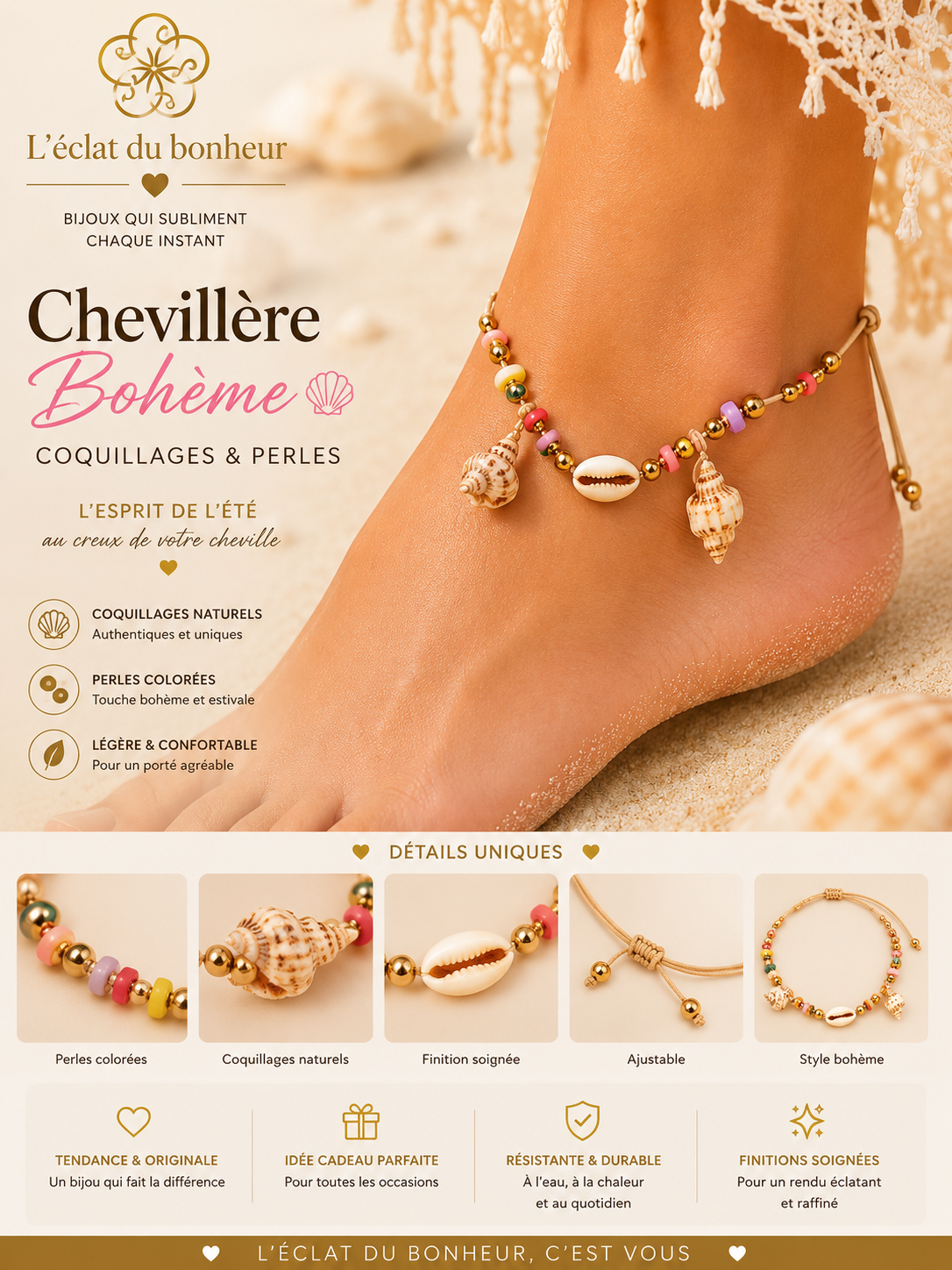 Chevillère femme bohème coquillages et perles en acier inoxydable