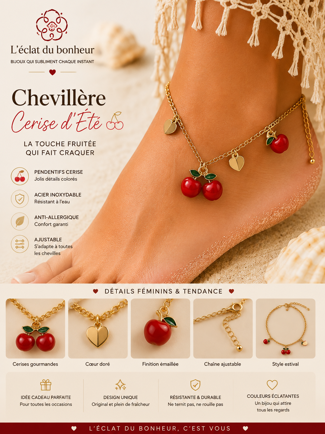 Chevillère femme cerise d'été dorée en acier inoxydable