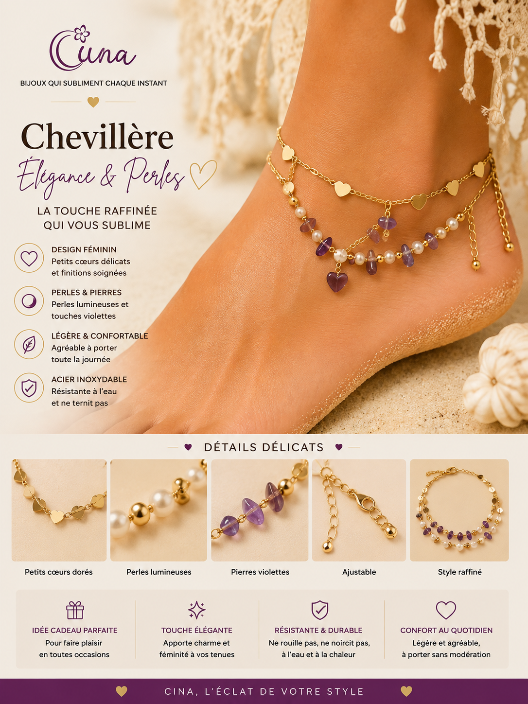 Chevillère femme élégance et perles dorée en acier inoxydable