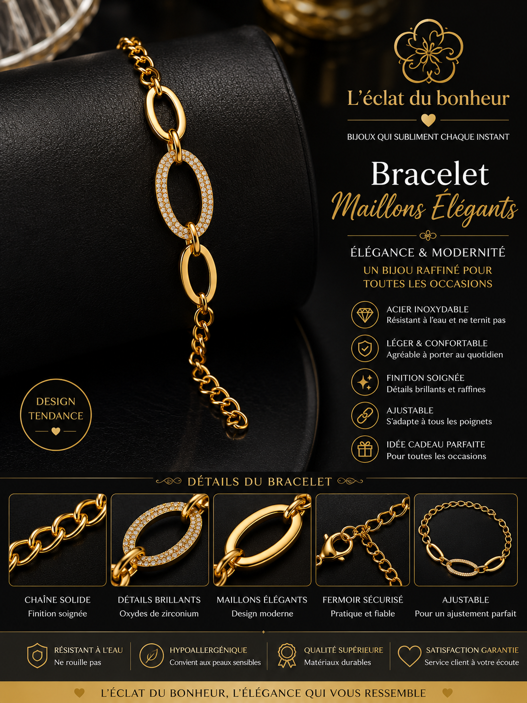 Bracelet femme maillons ovales dorés en acier inoxydable