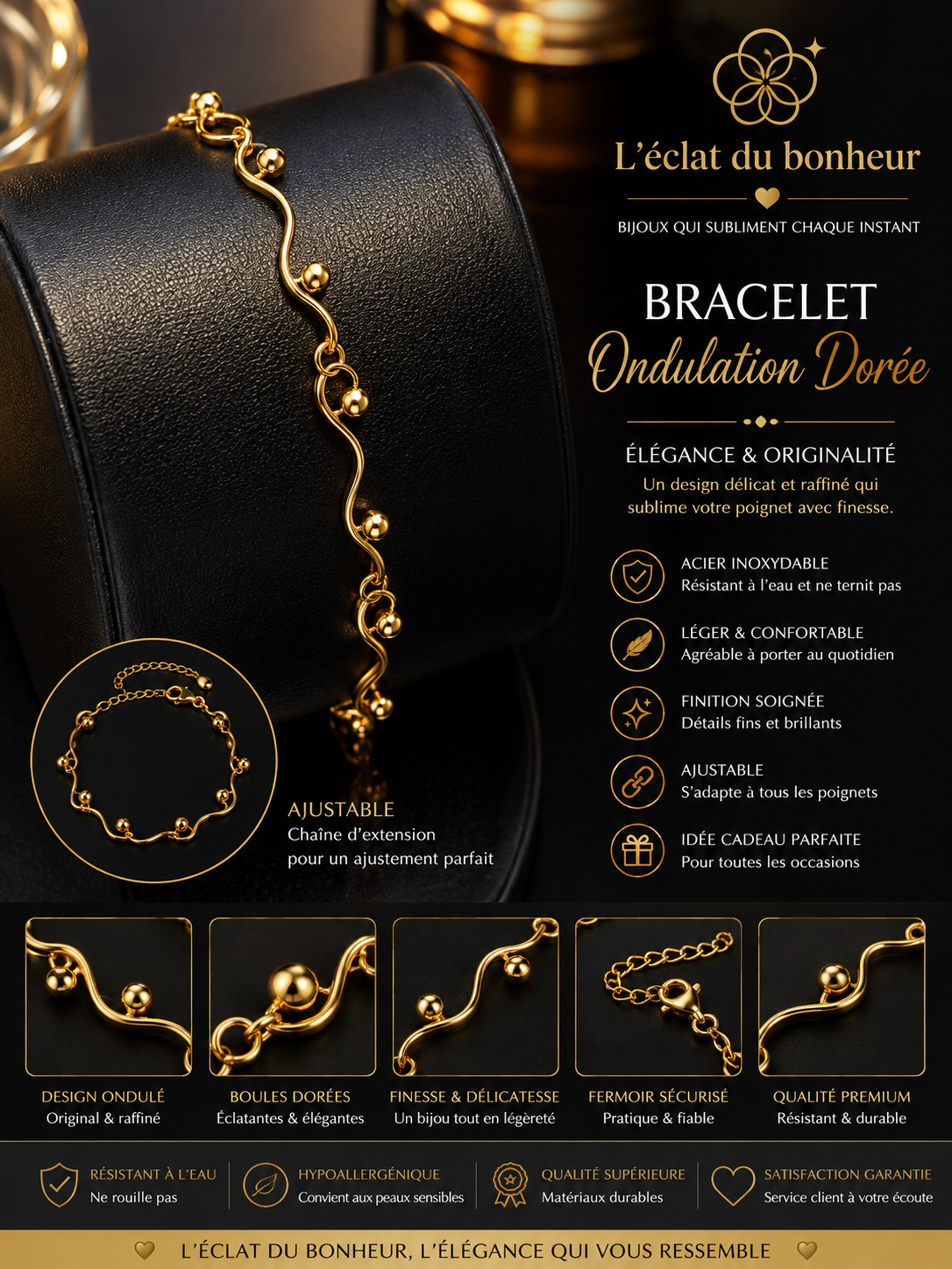 Bracelet femme chaîne ondulée dorée en acier inoxydable