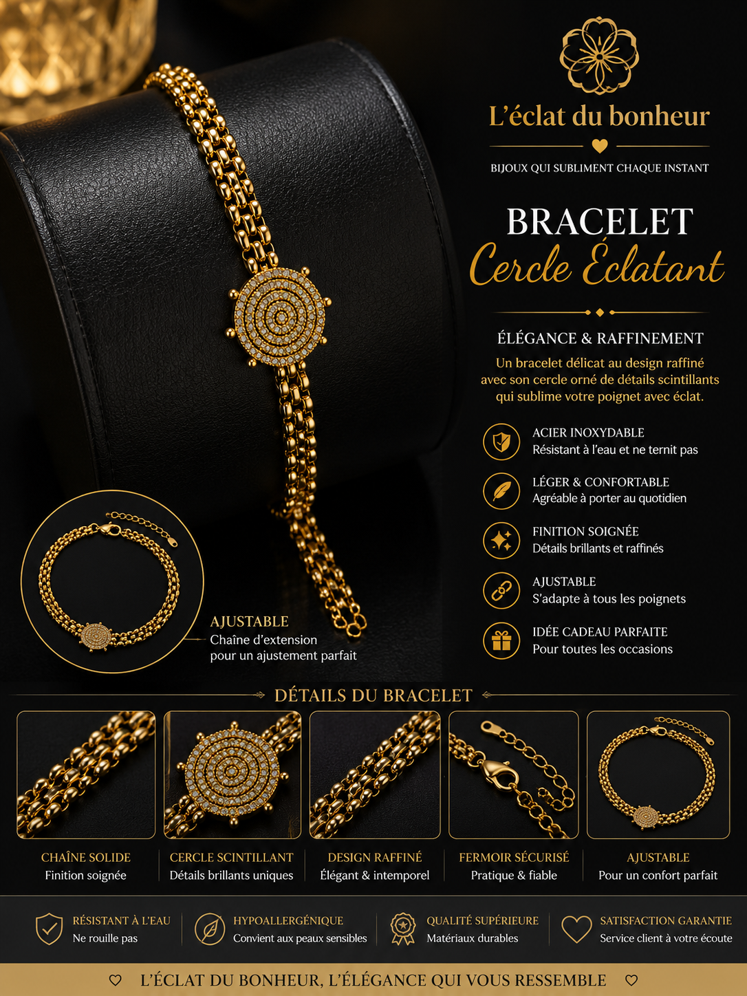 Bracelet femme médaillon cercle doré en acier inoxydable