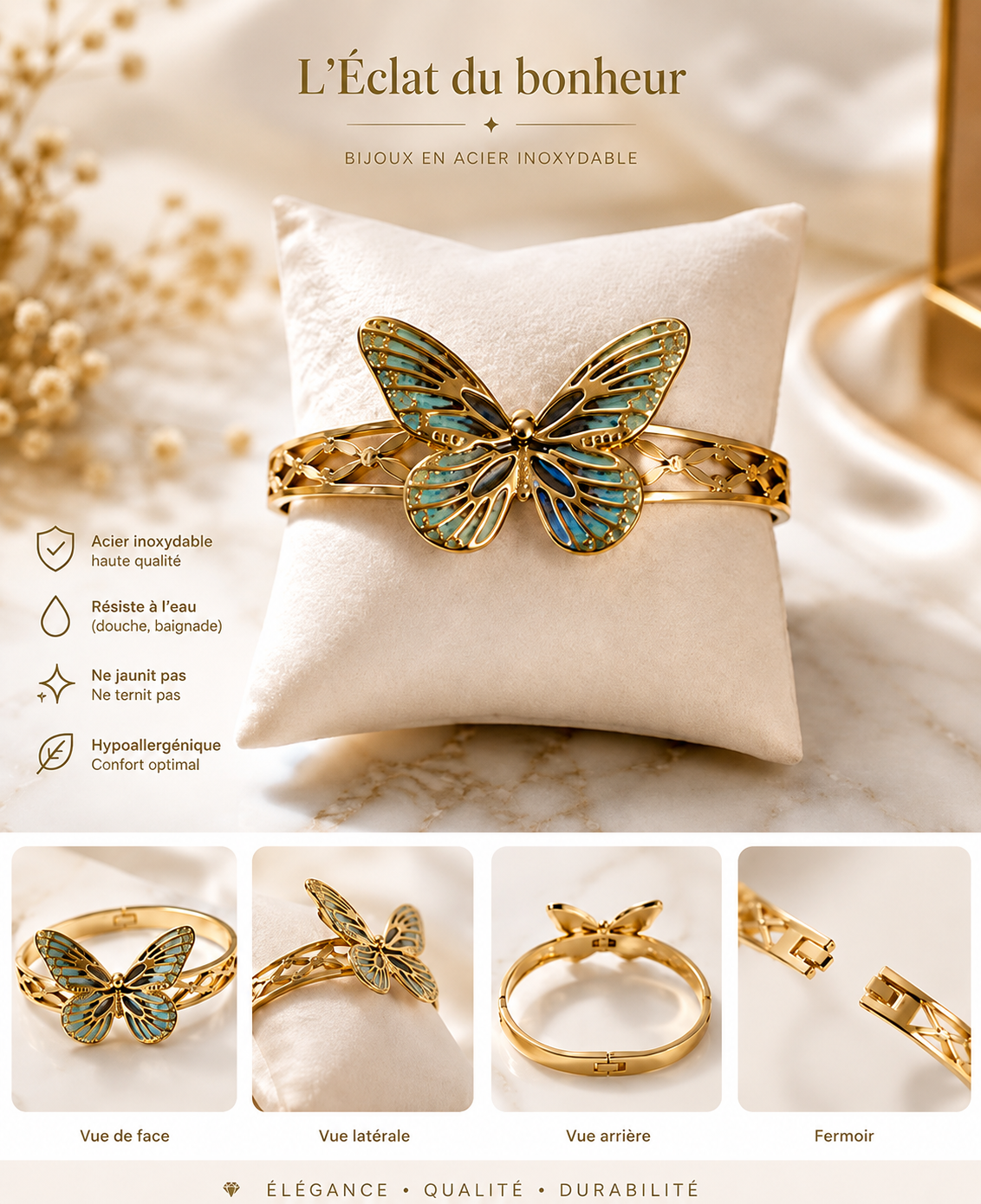 Bracelet femme papillon turquoise doré en acier inoxydable