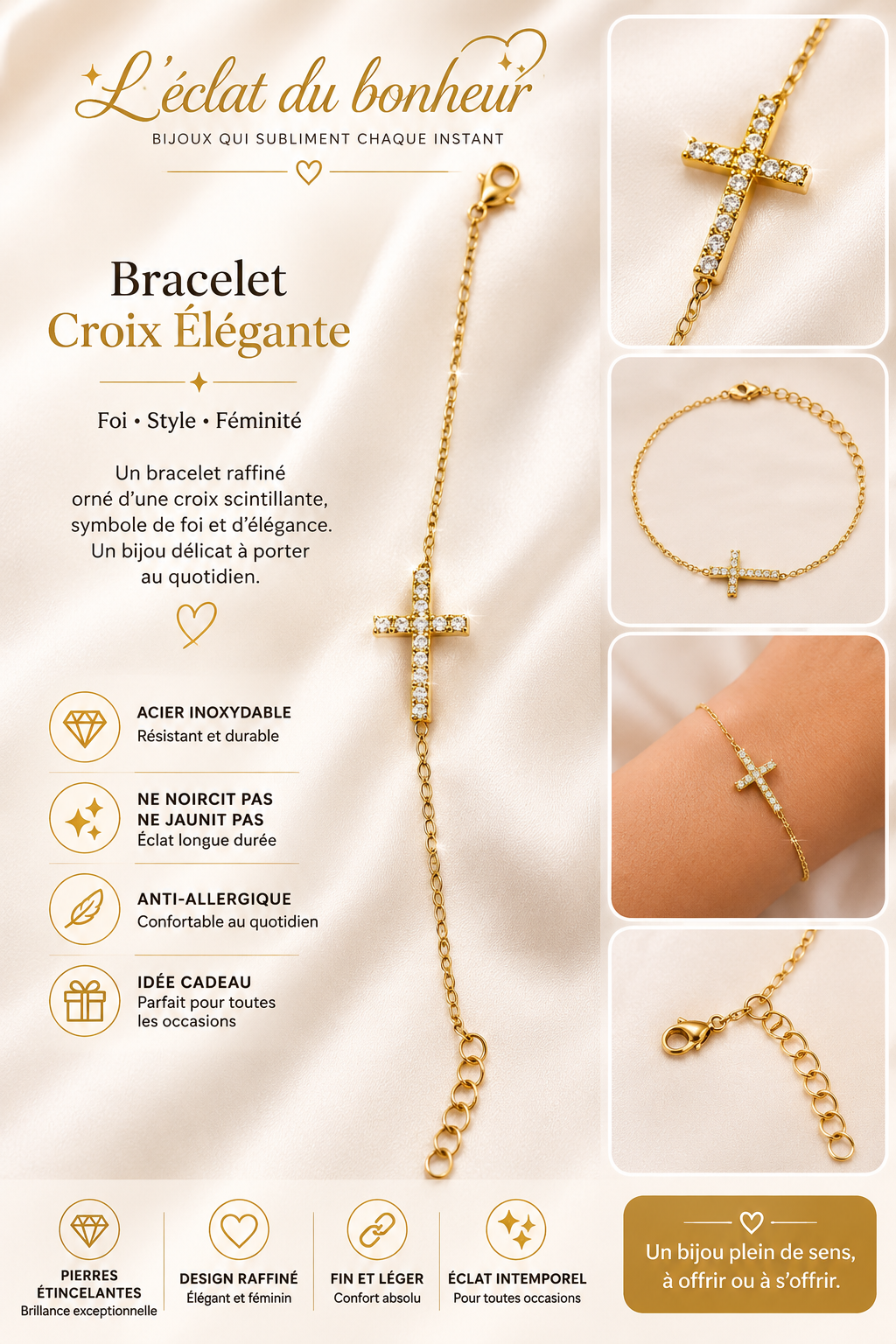 Bracelet femme croix dorée en acier inoxydable