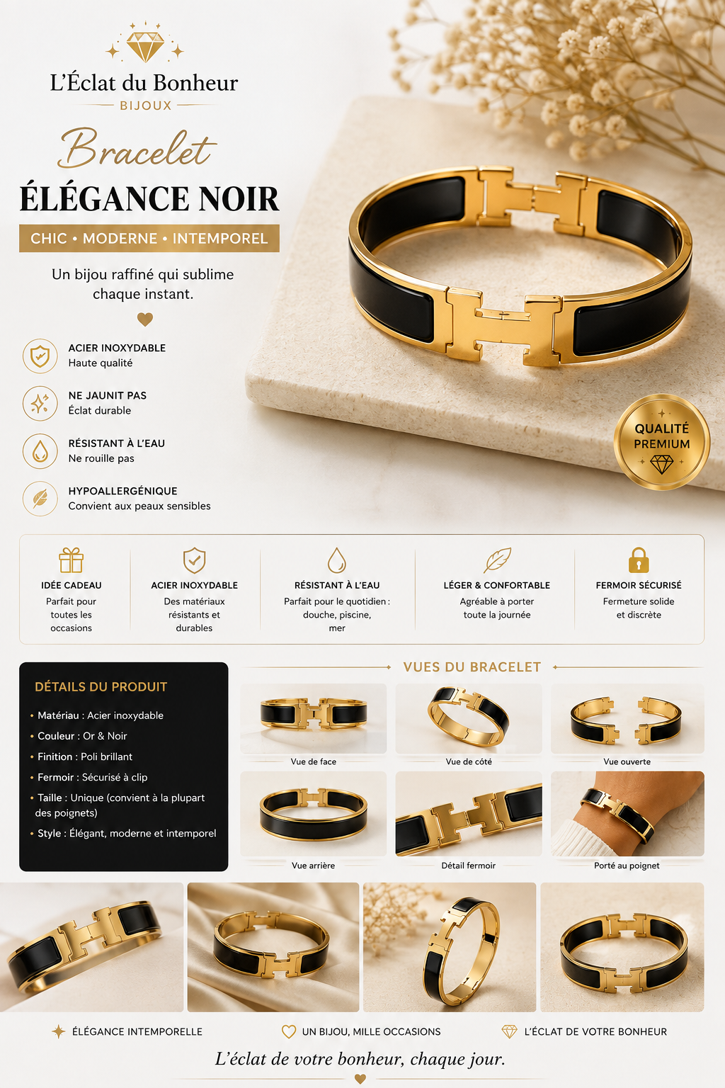 Bracelet femme noir et or en acier inoxydable