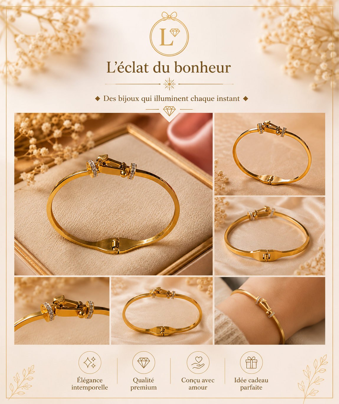 Bracelet femme doré à maillons fins en acier inoxydable