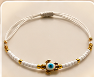 Bracelet cordon tortue œil turquoise porte-bonheur, couleur blanc