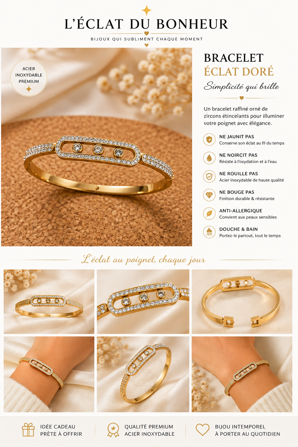 Bracelet femme zircon doré en acier inoxydable