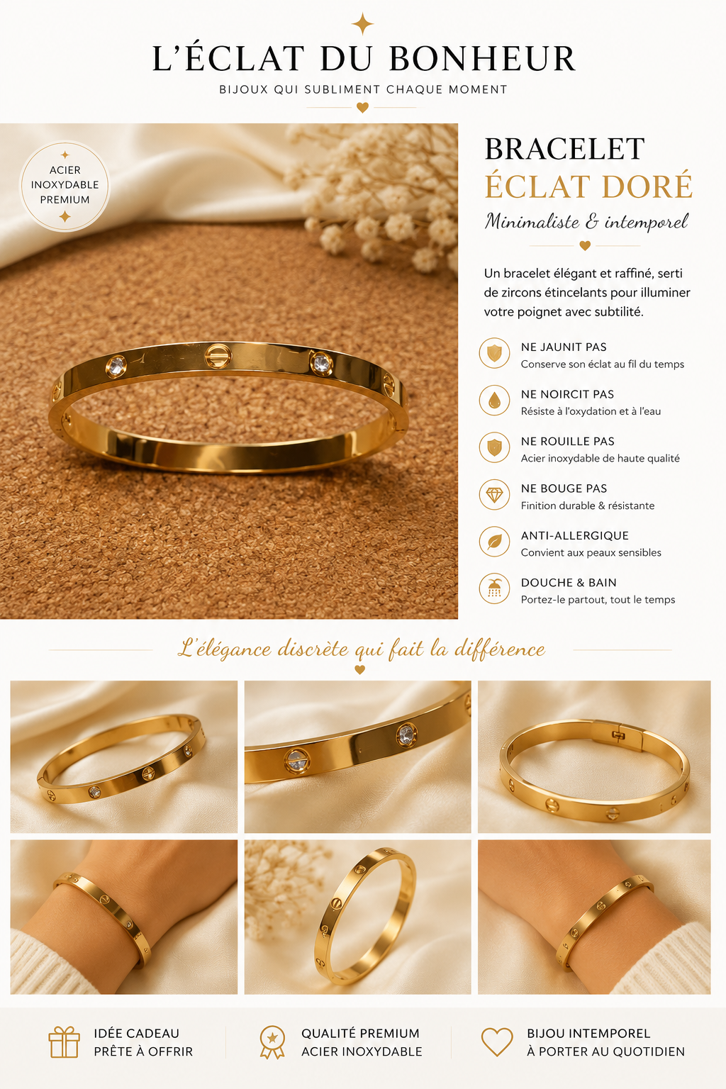 Bracelet femme doré en acier inoxydable avec zircon