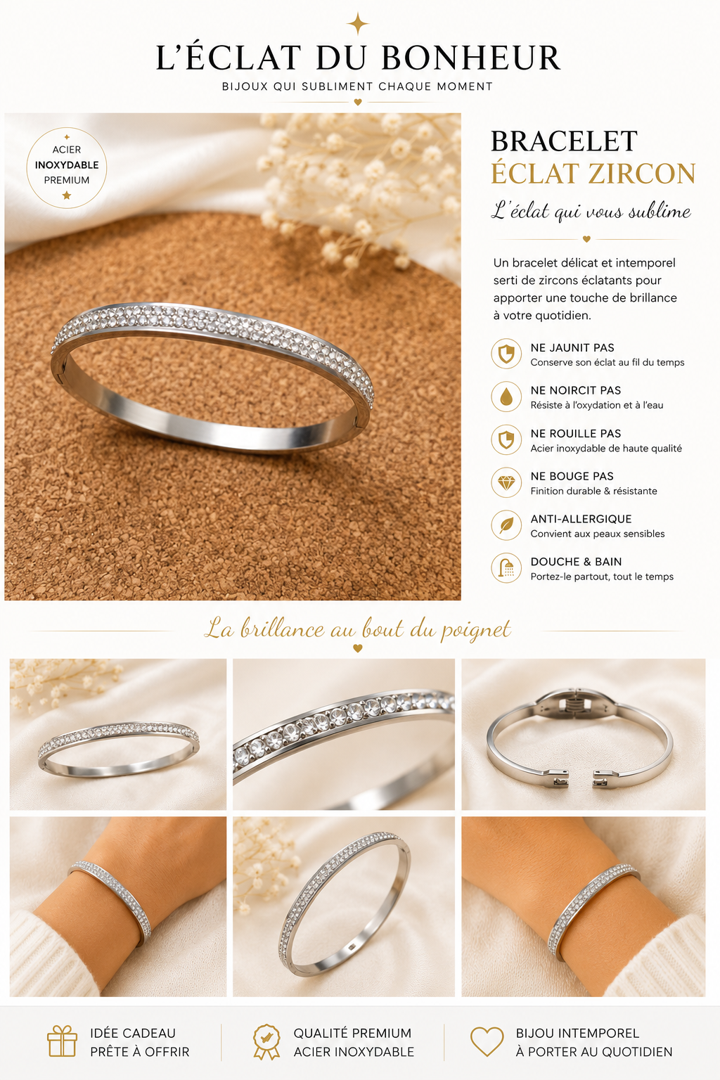 Bracelet femme éclat zircon en acier inoxydable
