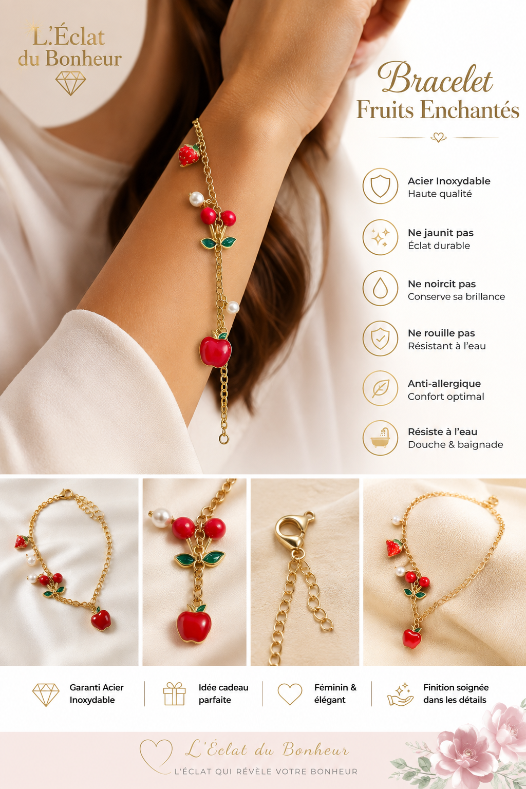 Bracelet femme Fruits Enchantés en acier inoxydable doré avec breloques colorées