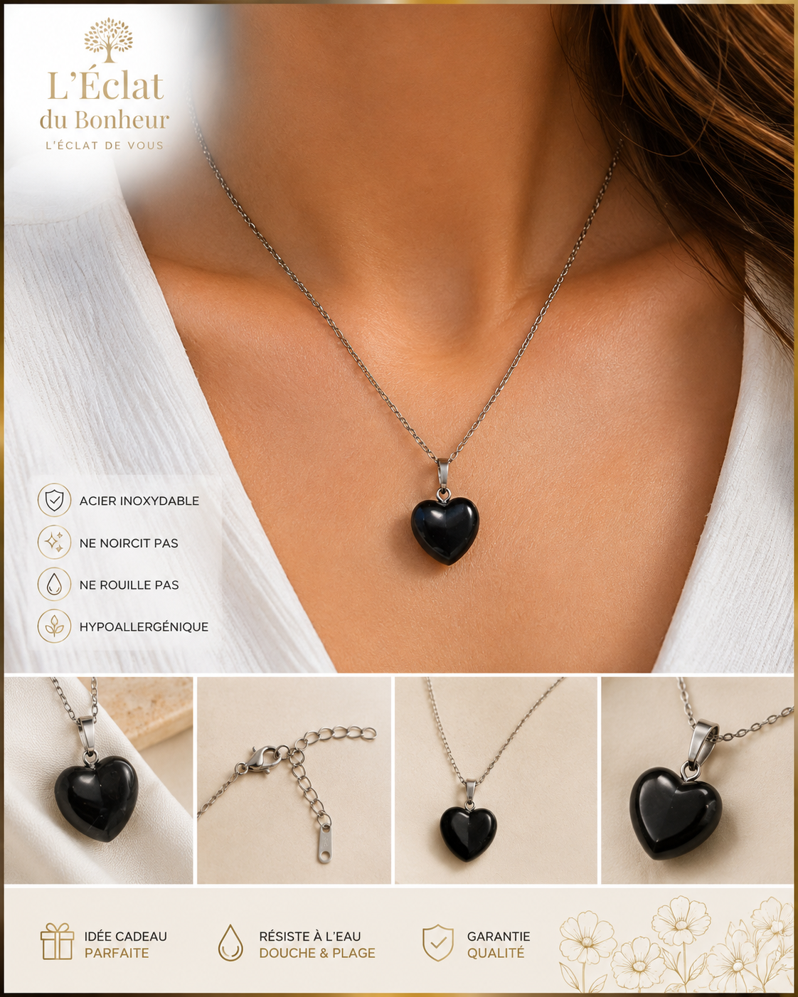 Collier femme cœur obsidienne en acier inoxydable