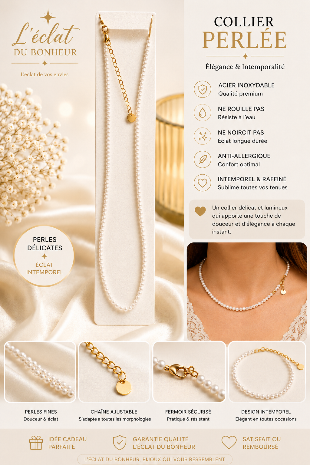 Collier femme perlé en acier inoxydable