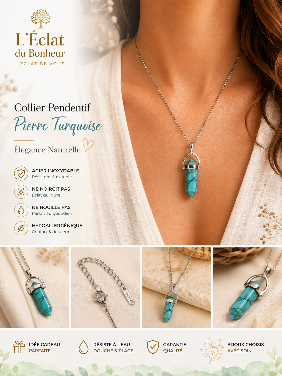 Collier femme pointe azur en acier inoxydable