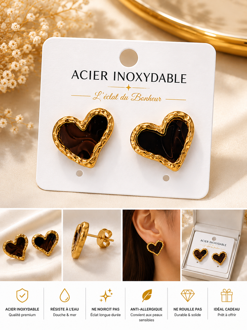 Boucles d'oreilles femme cœur noir en acier inoxydable