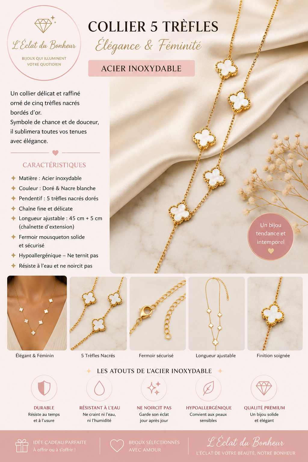 Collier femme trèfle nacré doré en acier inoxydable