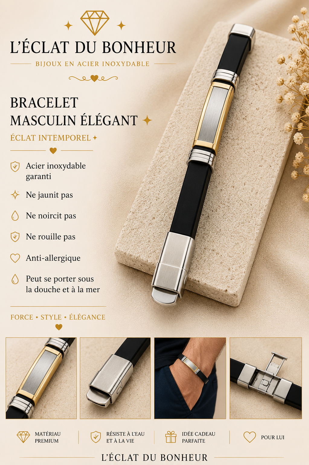 Bracelet homme silicone noir et métal bicolore étanche