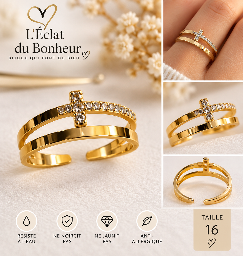 Bague femme double anneau croix dorée en acier inoxydable