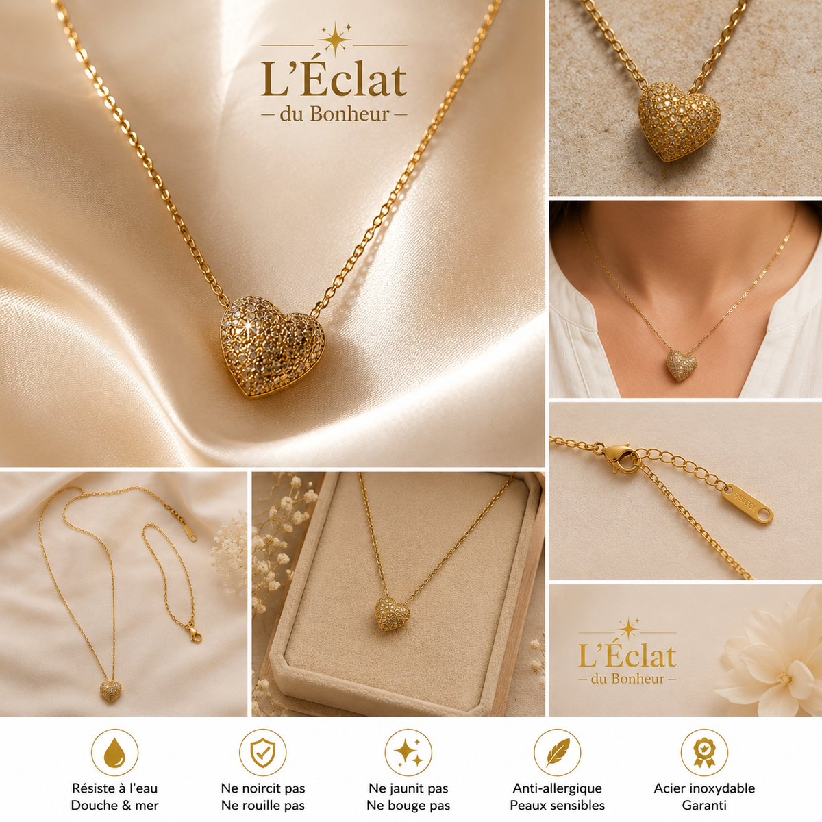 Collier femme cœur doré brillant en acier inoxydable
