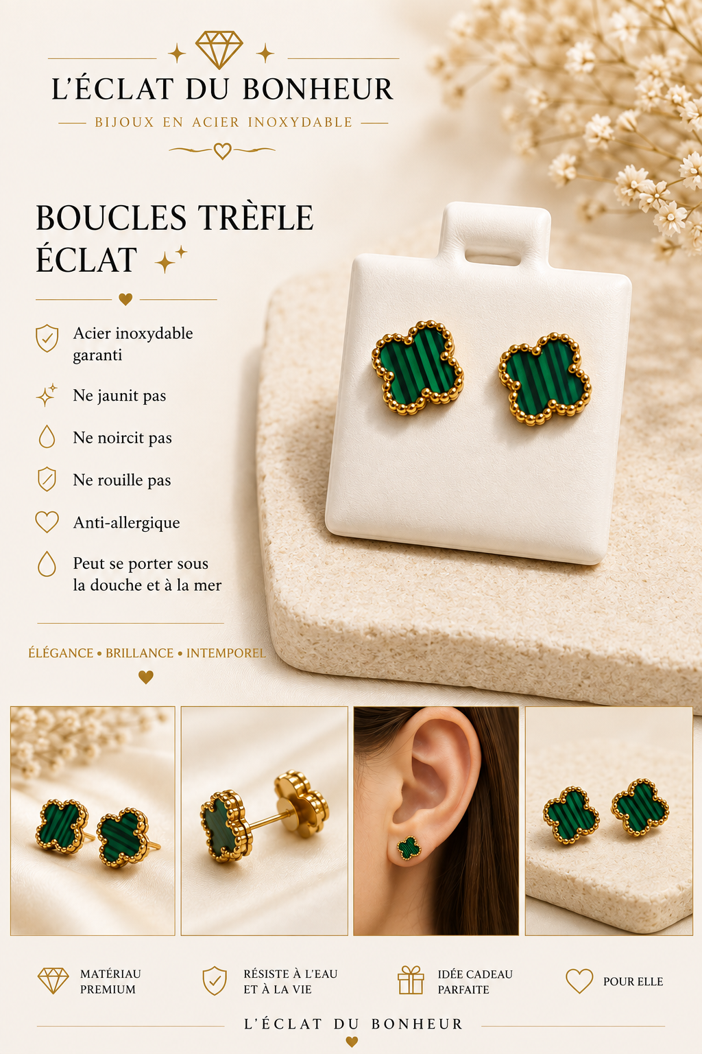 Boucles d'oreilles femme trèfle vert petit modèle en acier inoxydable