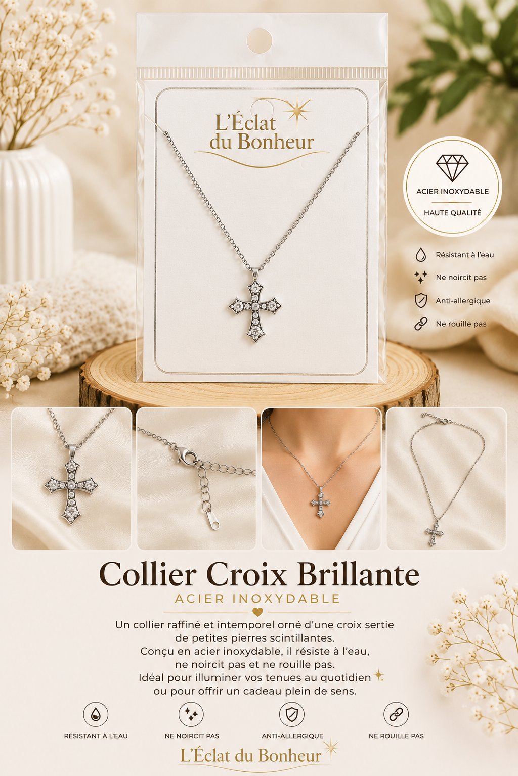 Collier femme croix argentée brillante en acier inoxydable