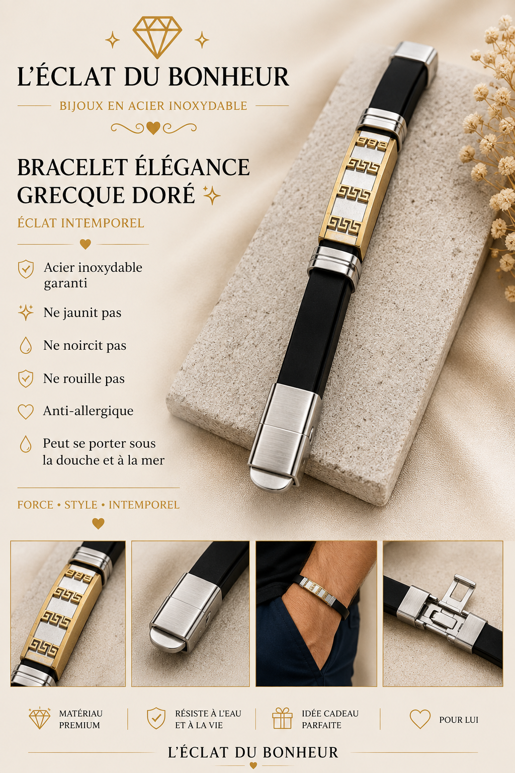 Bracelet homme acier inoxydable et noir réglable