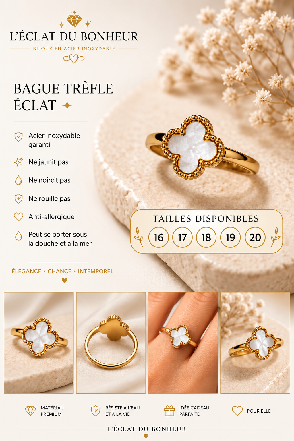Bague femme trèfle blanc doré en acier inoxydable