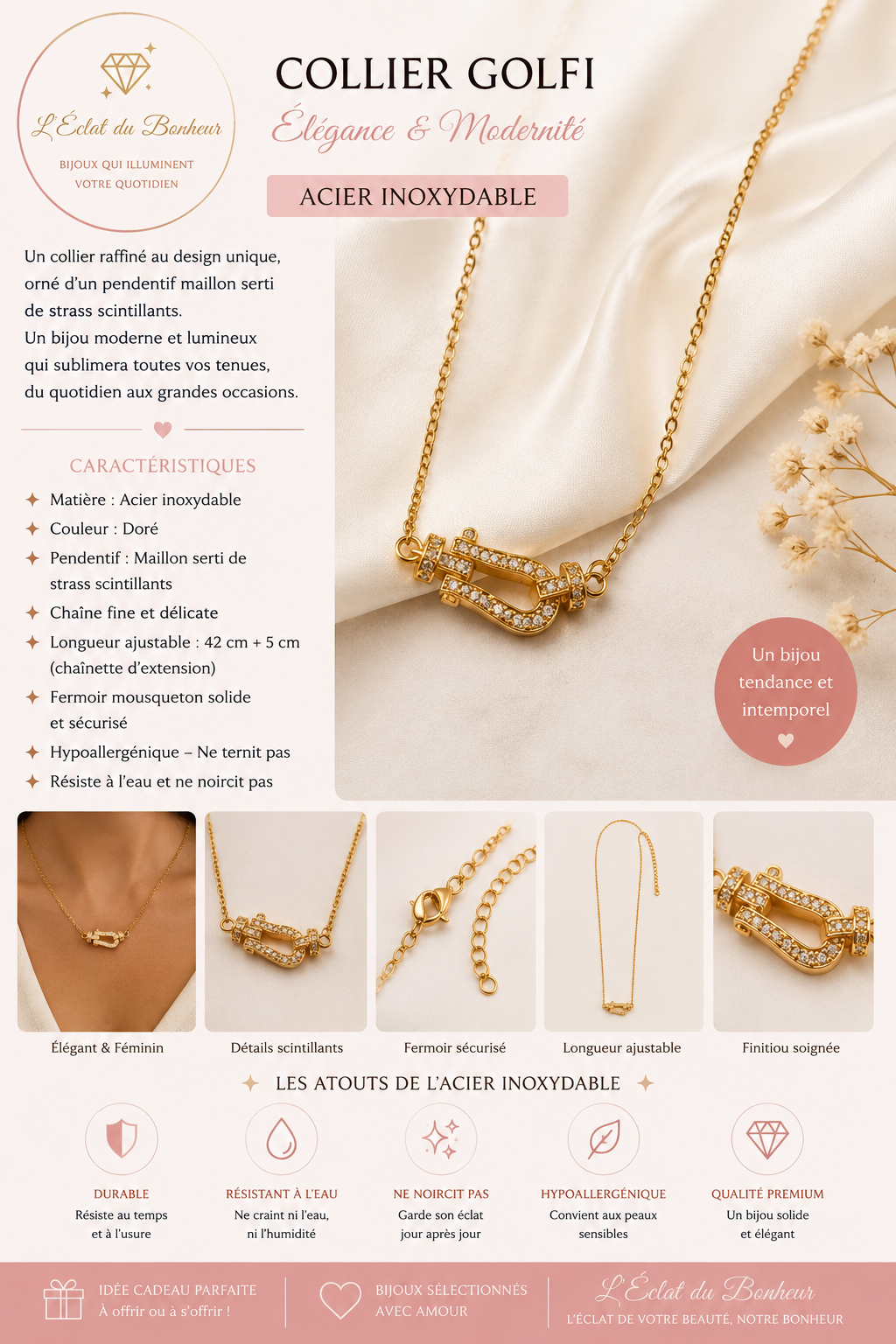Collier femme maillon doré serti de strass en acier inoxydable