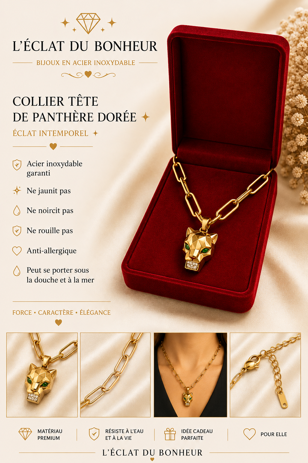 Collier femme panthère dorée en acier inoxydable