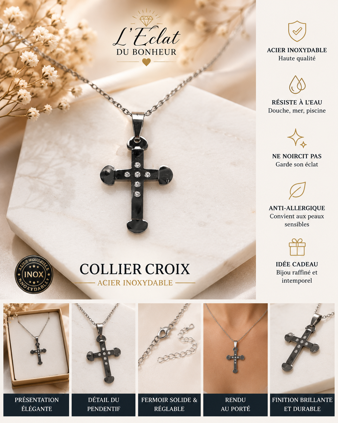Collier femme croix noire avec strass en acier inoxydable