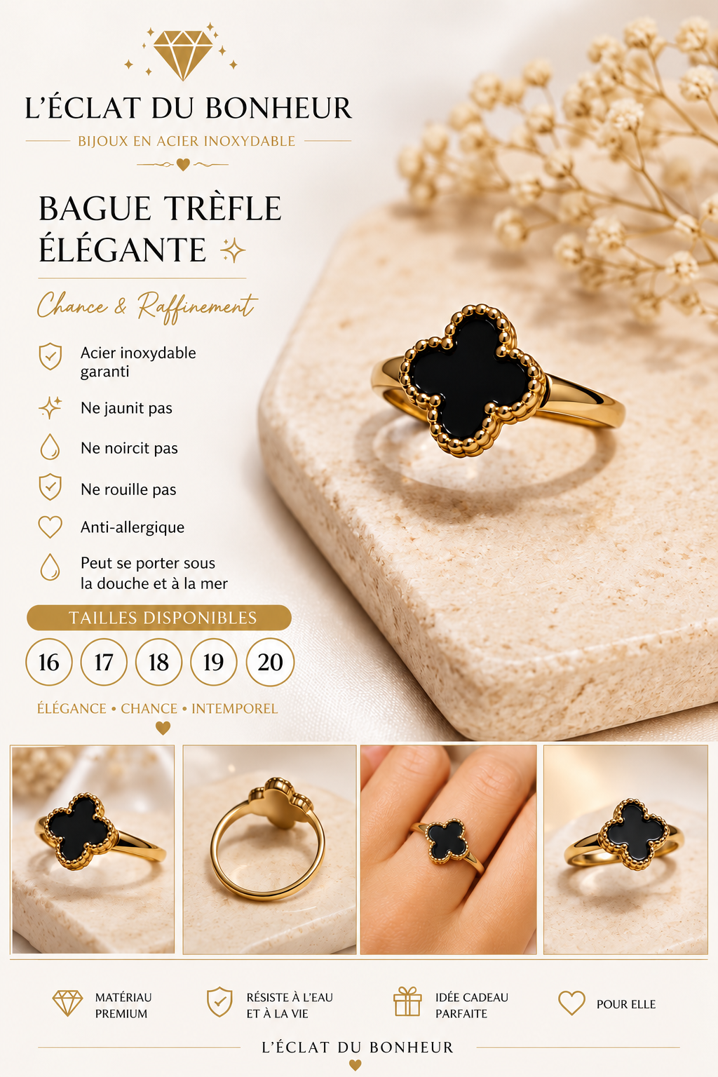 Bague femme trèfle noir doré en acier inoxydable