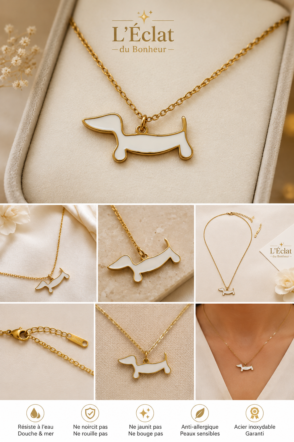 Collier femme chien doré et blanc en acier inoxydable