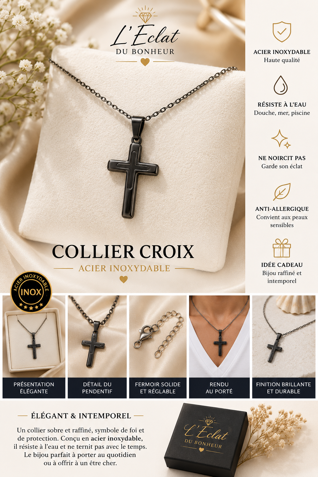 Collier femme croix noire sobre en acier inoxydable