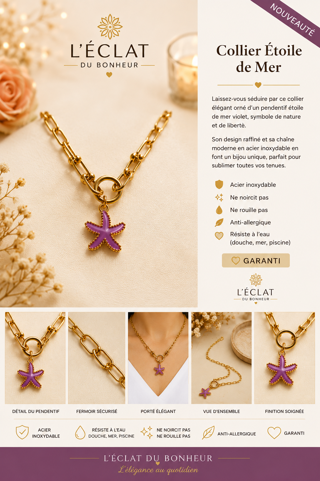 Collier femme étoile de mer dorée en acier inoxydable