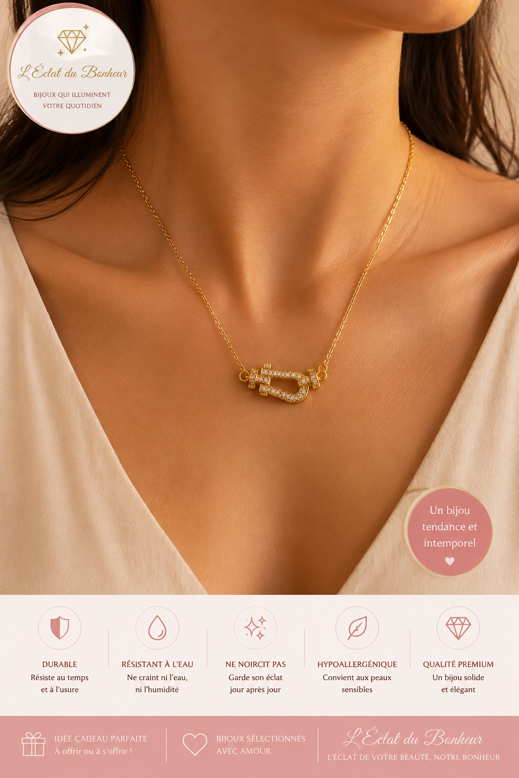 Collier femme maillon doré serti de strass en acier inoxydable