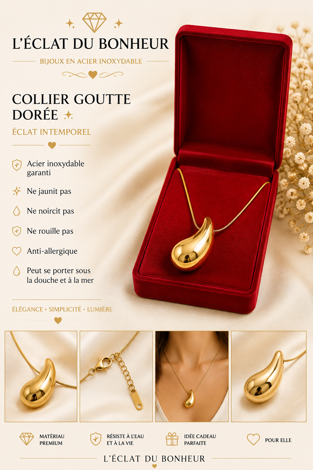 Collier femme goutte dorée en acier inoxydable