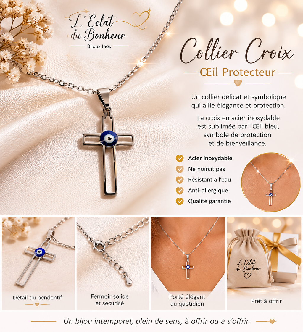 Collier femme croix noire avec œil bleu en acier inoxydable