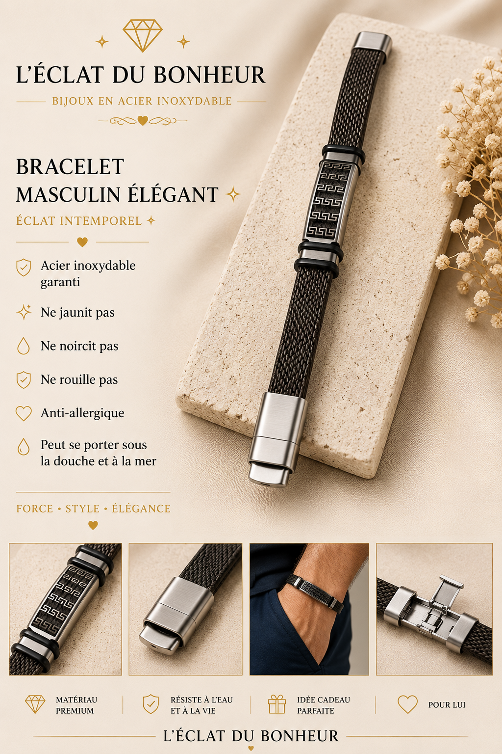Bracelet homme silicone noir réglable