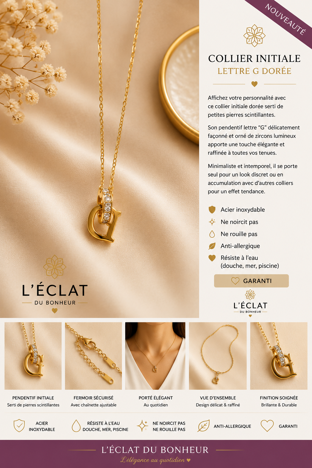 Collier femme initiale dorée personnalisable en acier inoxydable