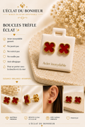 Boucles d'oreilles femme trèfle rouge en acier inoxydable